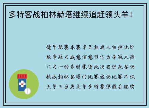 多特客战柏林赫塔继续追赶领头羊！